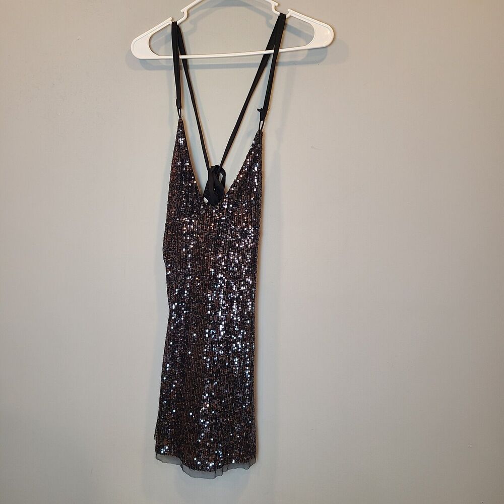 Free People Dress Gold Rush Mini Womens Extra Small Black Sequin Club Cocktail